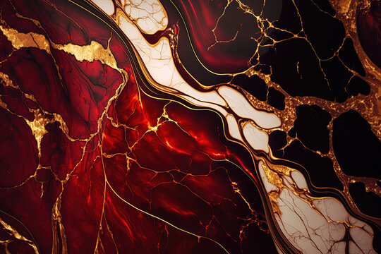 Abstract marble red and gold background. Invitation backdrop. Ai generated