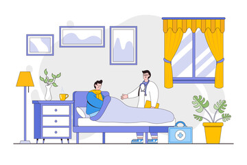 Doctor at home concept. Doctor visiting man in his house. Man lying in bed while having examination with doctor pediatrician. Outline design style minimal vector illustration for landing page