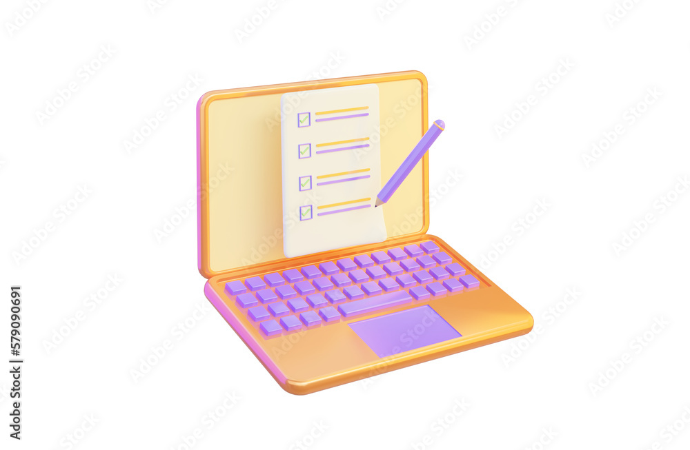 Poster laptop icon with document list pencil on white background 3d render concept for online database