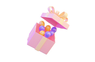 open giftbox with balloon icon on white background 3d render concept for surprise party