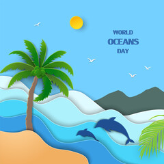Fototapeta na wymiar World oceans day concept with view of blue sea on paper cut and craft style