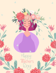 Spring happy women in blooming wreath. Happy mothers day. The concept of happiness, joy, love. Cute compositions are ideal for invitations, cards, banners, weddings. Vector illustration.