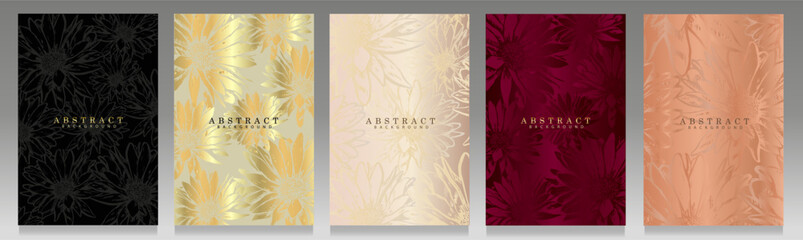 Luxury cover set, floral pattern. Abstract backgrounds with daisies, silhouettes and outline design. Pastel and gold colors: botanical and spring concept.