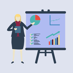 Business Presentation concept, Female speaker pointing at presentation on white board during business seminar. Office worker showing report on blackboard with pointer. Flat isolated graphic vector ill