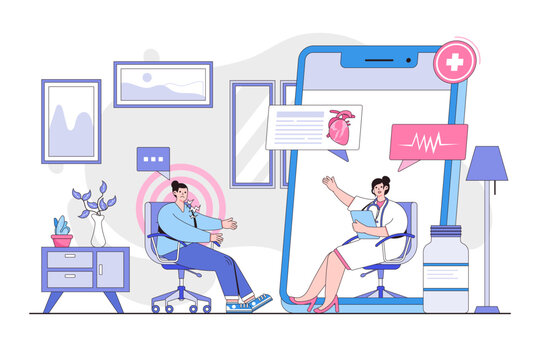 Online medical healthcare consultation concept with character. Outline design style minimal vector illustration for landing page, web banner, infographics, hero images