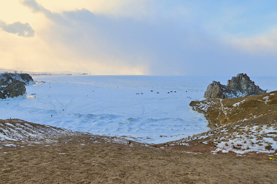 Shaman Rock or Cape Burkhan on Olkhon Island at Lake Baikal During Sunset
