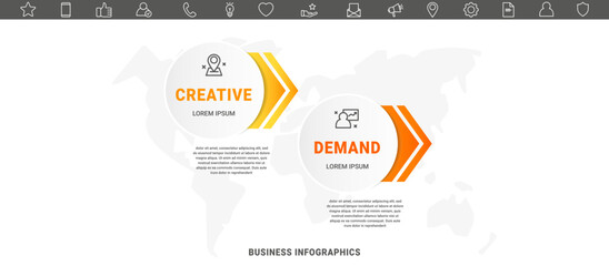 Vector modern infographic with 2 circles and arrows. 3D concept graphic process template with two steps and icons. Timeline for the business project on white background