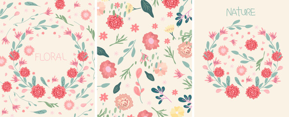 Floral arrangement with various wildflowers, leaves and hearts. Flowers as a symbol of happiness, joy, love. Spring wreaths are ideal for invitations, cards, banners, weddings. Vector illustration