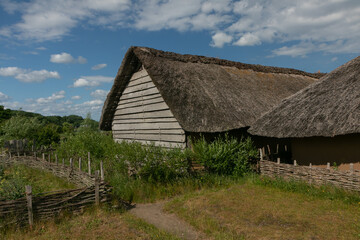 Fototapeta na wymiar Reconstructed viking houses in Hedeby.