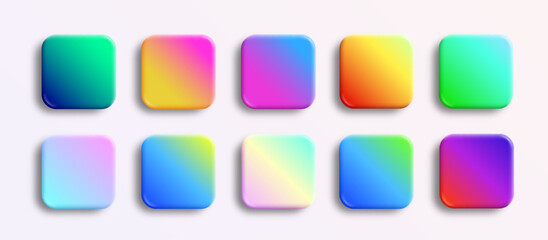 App icons glossy backgrounds set. Vector 3D buttons render with neon holographic gradients and realistic soft shadows. Rounded rectangle shapes for web and mobile applications