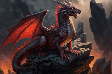 A red dragon sitting on a rock, generative AI
