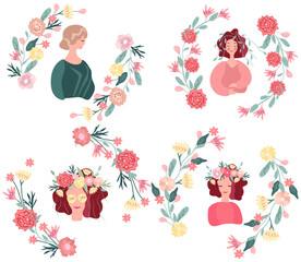Spring happy women in blooming wreath isolated on white background. The concept of happiness, joy, love. Cute compositions are ideal for invitations, cards, banners, weddings. Vector illustration.
