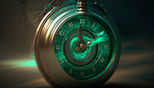 Chronometric Portal: Mystically Glowing Pocket Watch with Cosmic Swirls