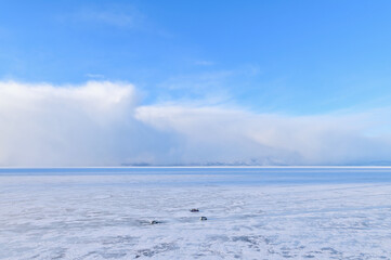 Aerial View of Frozen Lake Baikal Covered with Snow