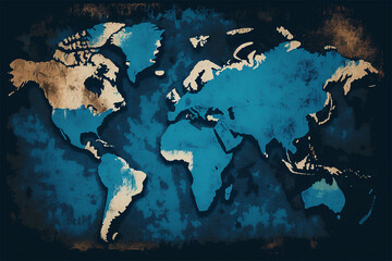 World map on blue background, graphic novel style. Generative AI.