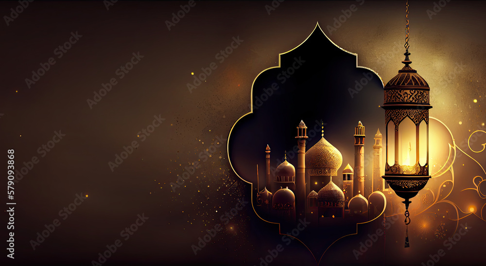 Wall mural arabic lantern of ramadan celebration background illustration. copy space area background. Generative AI