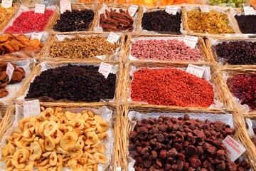 Dried fruit market stall in Florence, Italy