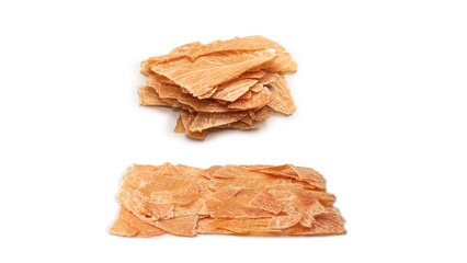 Group of tasty beer snacks. Dehydrated chicken meat slices.
