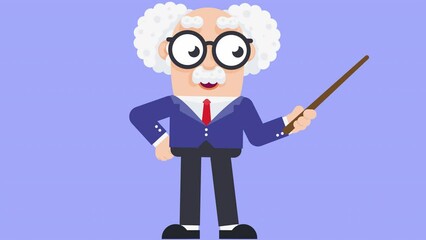 Animation of professor teaching with pointer stick. Business presentation and training concept. Cartoon video on transparent background.