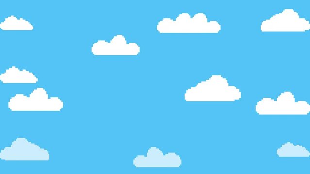 Cartoon clouds, sky, pixel art. For video retro game. Seamless Loop animation. Vector Pixel art 8 bit