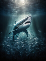 Fototapeta premium Eindrucksvoller Hai schwimmt in einem Fischschwarm