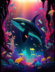 Obraz na płótnie Canvas Wunderschöner Orka schwimmt durch ein Korallenriff