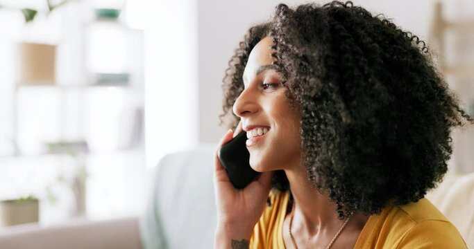 Black woman, phone call and communication with technology and discussion, chat and smile with contact. Happy female, face and smartphone, relax in living room and conversation, digital and network