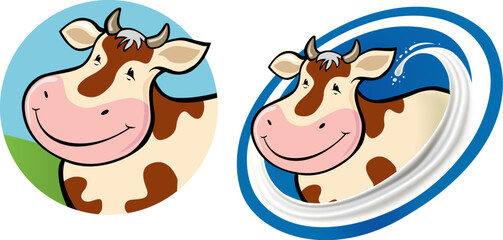 cartoon smiling cow with milk splash background	
