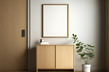 Mockup poster wood frame on the Japanese-style porch wall. Modern interior design, luxury apartment background in a minimalist style, generative ai	