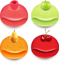 banners fresh juice drops background, with raspberry, apple, pear, cherry. Template sticker and package design