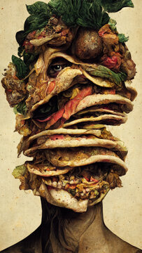 Ein Kopf aus Tacos geformt. Ein bizarrer Kopf geformt aus einem Berg Lebensmittel. Abstrakter Kunst Kopf aus Teig Taschen. Essen im &Uuml;berfluss. Ki generiert.