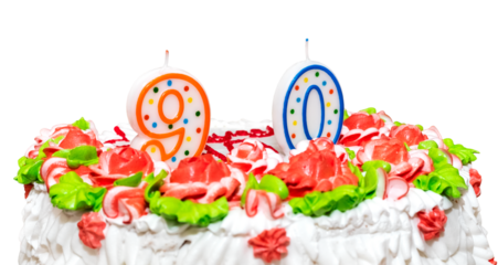 Cake for a birthday decorated with candles, figures 9 and 0. Jubies ninety years on a transparent background. Copy of space. Concept banner, invitation, postcard for event