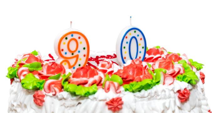 Cake for a birthday decorated with candles, figures 9 and 0. Jubies ninety years on a transparent background. Copy of space. Concept banner, invitation, postcard for event - Powered by Adobe