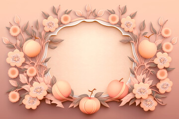 Naklejka na ściany i meble Peach blossom flowers and fruits, decorative background with copy space illustrated vintage style. Generative AI