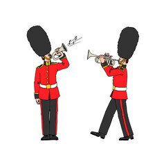 A royal trumpeter and bugler wearing a bearskin hat. Festive military band. Color vector illustration with black contour lines isolated on a white background in a cartoon style. - obrazy, fototapety, plakaty