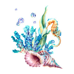 Marine composition. Seashell, seahorse, algae, corals and bubbles. Watercolor illustration.