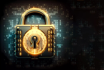 Safety lock. Lock with hacker virus code. Generative AI. Banner. Copy space.