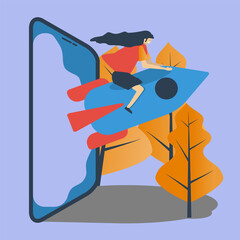 STARTUP CONCEPT, Start Up Business Concept Vector Flat Illustration for landing page, wallpaper, background, banner, advertising, web, business, startup with women ride the rocket