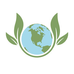 Save earth. Global ecology icon. Planet with green plant leaves growing illustration.