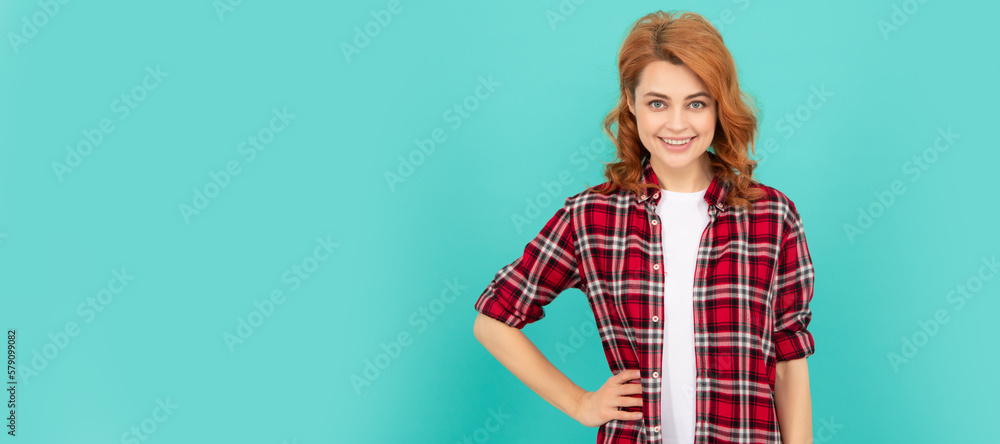 Poster Woman isolated face portrait, banner with mock up copyspace. cheerful lady with curly hair. beauty and fashion. female model in checkered shirt.