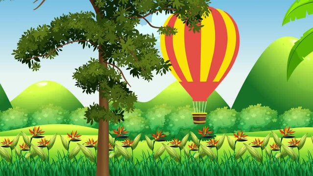 Hot Air Balloon Flying In Animated Forest Background With Camera Moving From Left To Right Looping 