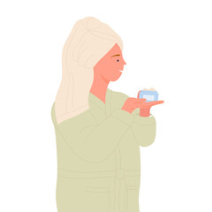 Woman doing beauty routine. Personal body care, spa treatments vector illustration