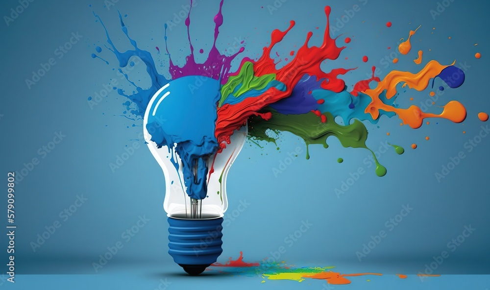 Poster a colorful light bulb with a splash of paint on it's side and a blue lightbulb with a blue lightbulb