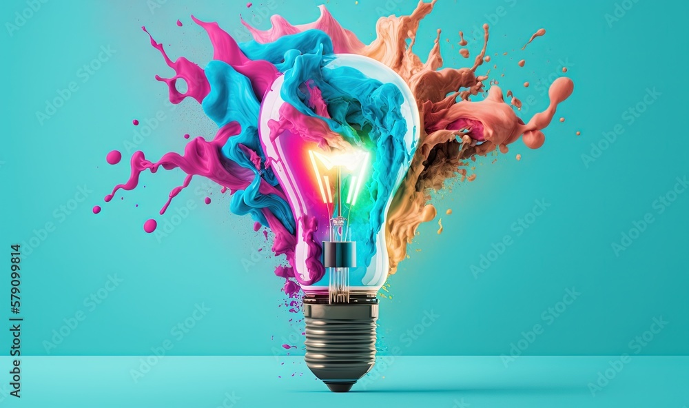 Poster a light bulb with colorful paint splashing out of it on a blue background with a blue background and