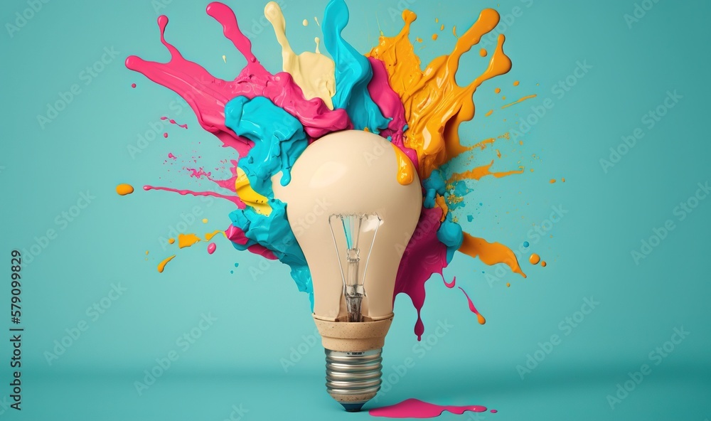 Poster  a light bulb with paint splashing all over it on a blue background with a splash of paint on the light bulb and the lightbulb.  generative ai