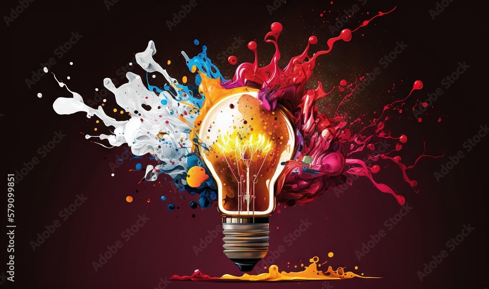 Poster  a light bulb with paint splatters and splashing around it on a red background with a black background and a red background with a black background.  generative ai