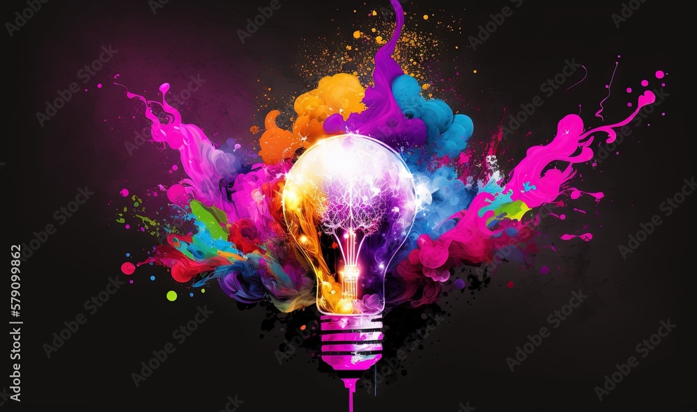 Poster a colorful light bulb with a splash of paint on it's side and a black background with a splash of pa