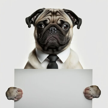 Funny pug businessman hold empty clean sign board with copy space. AI generative image.