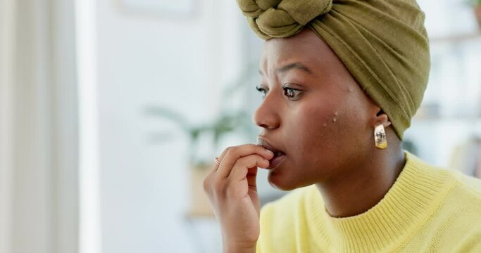 Stress, biting nails and black woman with anxiety, depression and frustrated in living room. African American female, lady and mental health issue in lounge, fear or depressed with worry or suffering