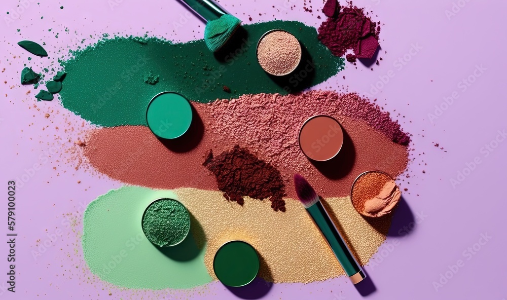Poster a group of different colored makeup on a purple surface with a brush and eye shadow on the top of th